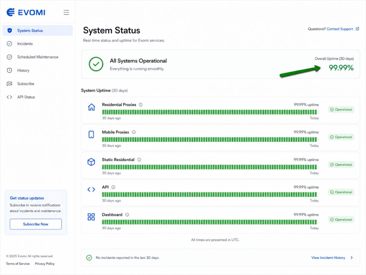 Evomi Status Page