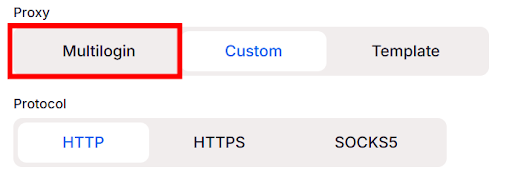 In the Proxy section, set the type to Multilogin Proxy.