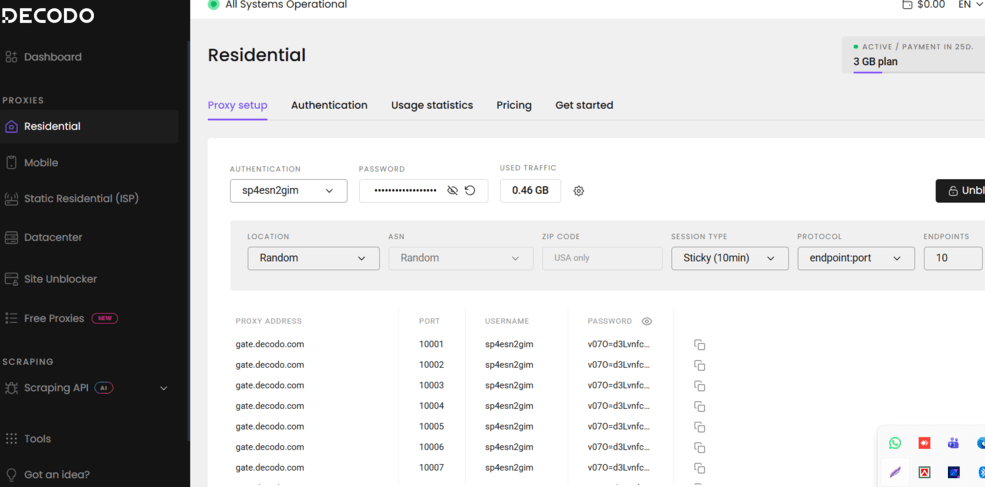 Decodo residential proxy dashboard