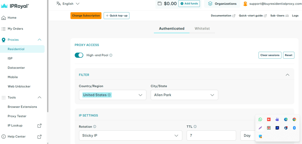 IPRoyal Residential proxy dashboard