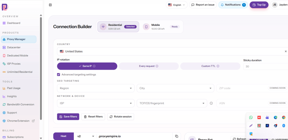 Proxyempire after login dashboard
